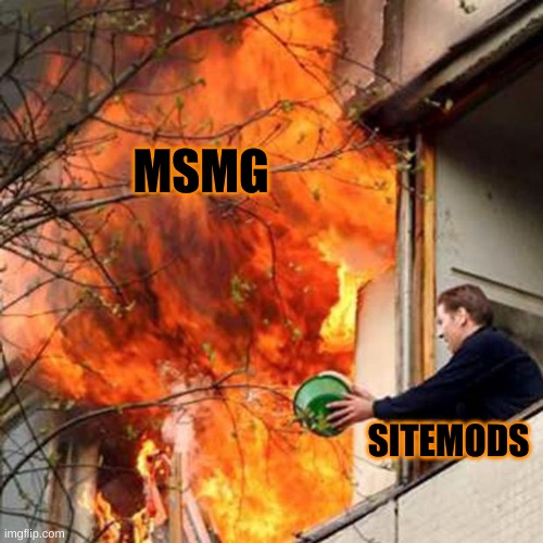 fire idiot bucket water | MSMG; SITEMODS | image tagged in fire idiot bucket water | made w/ Imgflip meme maker