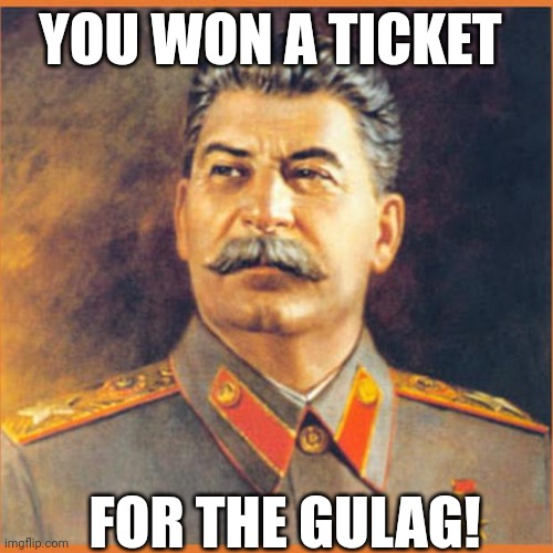 Ticket for gulag | YOU WON A TICKET; FOR THE GULAG! | image tagged in stalin,gulag | made w/ Imgflip meme maker