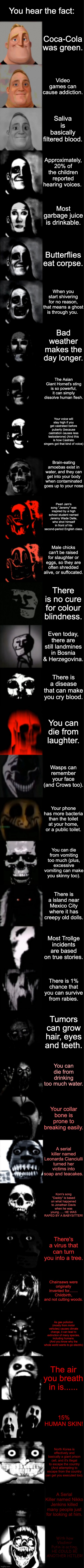 Mr Incredible becoming uncanny - Disturbing facts | You hear the fact:; Coca-Cola was green. Video games can cause addiction. Saliva is basically filtered blood. Approximately, 20% of the children reported hearing voices. Most garbage juice is drinkable. Butterflies eat corpse. When you start shivering for no reason, that means a ghost is through you. Bad weather makes the day longer. The Asian Giant Hornet's sting is so powerful, it can simply dissolve human flesh. Your voice will stay high if you get castrated before puberty (because castration causes less testosterone) (And this is how Castrato singers got that kind of voice); Brain-eating amoebas exist in water, and they can get into your body when contaminated goes up to your nose; Pearl Jam's song "Jeremy" was inspired by a high school student named Jeremy Wade Delle, who shot himself in front of his second-period English class. Male chicks can't be raised for slaughter or eggs, so they are often shredded alive, or suffocated. There is no cure for colour blindness. Even today, there are still landmines in Bosnia & Herzegovina. There is a disease that can make you cry blood. You can die from laughter. Wasps can remember your face (and Crows too). Your phone has more bacteria than the toilet at your home, or a public toilet. You can die from vomiting too much (plus, excessive vomiting can make you skinny too). There is a island near Mexico City where it has creepy old dolls. Most Trollge incidents are based on true stories. There is 1% chance that you can survive from rabies. Tumors can grow hair, eyes and teeth. You can die from drinking too much water. Your collar bone is prone to breaking easily. A serial killer named Leonarda Cianciulli turned her victims into soap and teacakes. Korn's song "Daddy" is based on what happened to Jonathan Davis when he was young...... HE WAS RAPED BY A BABYSITTER! There's a virus that can turn you into a tree. Chainsaws were originally invented for........ Childbirth, and not cutting woods. As gas pollution (mostly from motor vehicles) causes climate change, it can lead to extinction of many species, including humans. (And you know why the whole world wants to go electric); The air you breath in is...... 15% HUMAN SKIN! North Korea is effectively and basically a giant prison cell, and it's illegal to escape the country (And attempting to escape from the country can get you executed too). A Serial Killer named Nikko Jenkins killed many people just for looking at him. With how Vladimir Putin is acting, HE COULD BE ANOTHER HITLER! | image tagged in mr incredible becoming uncanny super extended hd | made w/ Imgflip meme maker