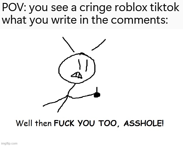 Well Then F**k you too asshole | POV: you see a cringe roblox tiktok
what you write in the comments: | image tagged in well then f k you too asshole | made w/ Imgflip meme maker
