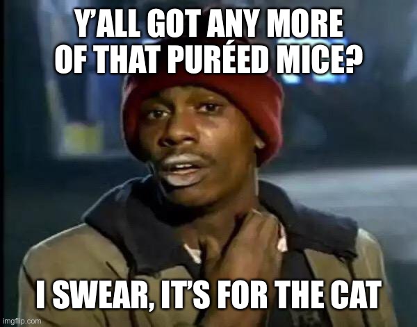 Y'all Got Any More Of That Meme | Y’ALL GOT ANY MORE OF THAT PURÉED MICE? I SWEAR, IT’S FOR THE CAT | image tagged in memes,y'all got any more of that | made w/ Imgflip meme maker