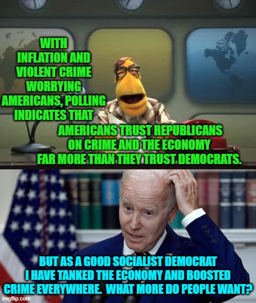 Actually it makes one wonder what all these leftists actually want. | WITH INFLATION AND VIOLENT CRIME WORRYING AMERICANS, POLLING INDICATES THAT; AMERICANS TRUST REPUBLICANS ON CRIME AND THE ECONOMY FAR MORE THAN THEY TRUST DEMOCRATS. BUT AS A GOOD SOCIALIST DEMOCRAT I HAVE TANKED THE ECONOMY AND BOOSTED CRIME EVERYWHERE.  WHAT MORE DO PEOPLE WANT? | image tagged in muppet news flash | made w/ Imgflip meme maker
