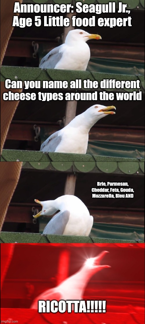 Promil Gold Four ad in a nutshell | Announcer: Seagull Jr., Age 5 Little food expert; Can you name all the different cheese types around the world; Brie, Parmesan, Cheddar, Feta, Gouda, Mozzarella, Bleu AND; RICOTTA!!!!! | image tagged in memes,inhaling seagull,commercials,milk,cheese | made w/ Imgflip meme maker