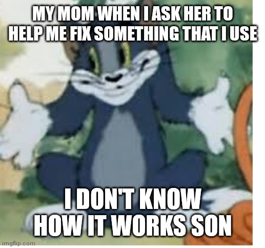 She never knows about my stuff | MY MOM WHEN I ASK HER TO HELP ME FIX SOMETHING THAT I USE; I DON'T KNOW HOW IT WORKS SON | image tagged in funny memes | made w/ Imgflip meme maker