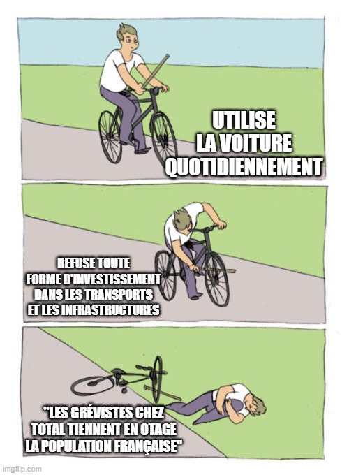 stick in own wheel hurt yourself | UTILISE LA VOITURE QUOTIDIENNEMENT; REFUSE TOUTE FORME D'INVESTISSEMENT DANS LES TRANSPORTS ET LES INFRASTRUCTURES; "LES GRÉVISTES CHEZ TOTAL TIENNENT EN OTAGE LA POPULATION FRANÇAISE" | image tagged in stick in own wheel hurt yourself,EnculerLesVoitures | made w/ Imgflip meme maker