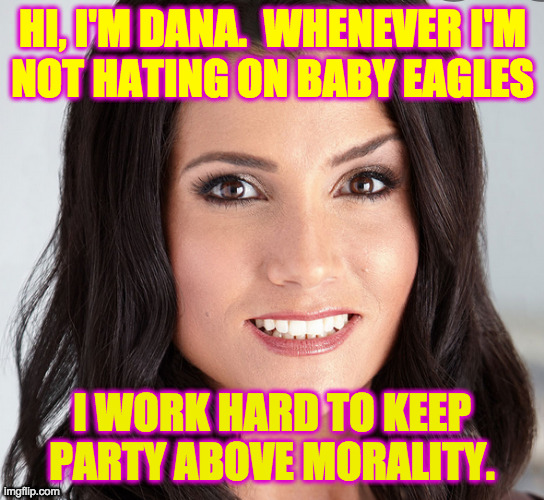 Sometimes she combines the two. | HI, I'M DANA.  WHENEVER I'M
NOT HATING ON BABY EAGLES I WORK HARD TO KEEP
PARTY ABOVE MORALITY. | image tagged in memes,dana loesch,republicans,business with pleasure | made w/ Imgflip meme maker