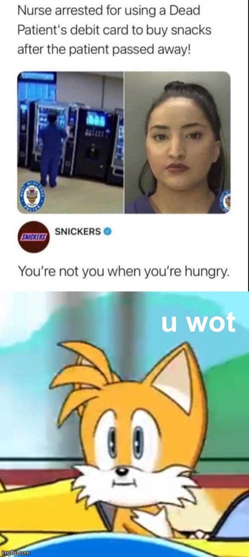 Snickers commits a war crime | u wot | image tagged in tails hold up,memes,unfunny | made w/ Imgflip meme maker