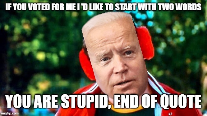 Two words from the "president" | IF YOU VOTED FOR ME I 'D LIKE TO START WITH TWO WORDS; YOU ARE STUPID, END OF QUOTE | image tagged in have you seen my baseball joe biden | made w/ Imgflip meme maker