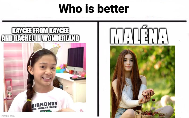 Kaycee bad Maléna good | Who is better; KAYCEE FROM KAYCEE AND RACHEL IN WONDERLAND; MALÉNA | image tagged in who would win blank,memes,malena,armenia,girl | made w/ Imgflip meme maker