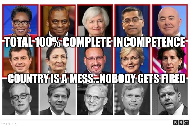 Democratic incompetence runs deep | TOTAL 100% COMPLETE INCOMPETENCE; COUNTRY IS A MESS...NOBODY GETS FIRED | image tagged in cabinet,democrats,liberals,incompetence | made w/ Imgflip meme maker