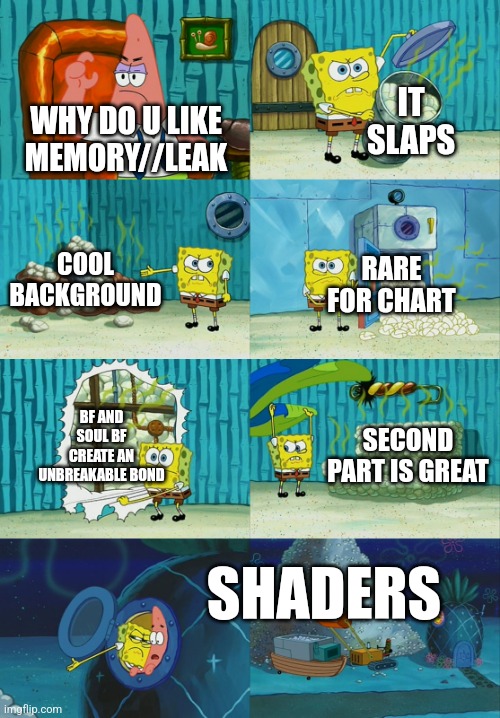 My favorite fnf corruption song | IT SLAPS; WHY DO U LIKE MEMORY//LEAK; COOL BACKGROUND; RARE FOR CHART; BF AND SOUL BF CREATE AN UNBREAKABLE BOND; SECOND PART IS GREAT; SHADERS | image tagged in spongebob diapers meme | made w/ Imgflip meme maker