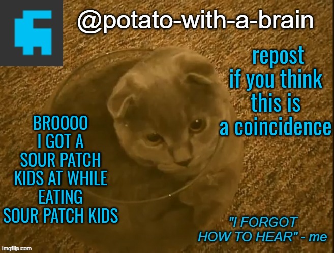 repost if you think this is a coincidence; BROOOO I GOT A SOUR PATCH KIDS AT WHILE EATING SOUR PATCH KIDS | image tagged in potato-with-a-brain announcement template thx jade_harley | made w/ Imgflip meme maker