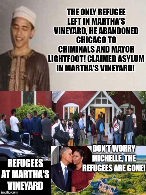 Obama, the only refugee left in Martha's Vineyard, He claimed asylum rom Chicago! | THE ONLY REFUGEE LEFT IN MARTHA'S VINEYARD, HE ABANDONED CHICAGO TO CRIMINALS AND MAYOR LIGHTFOOT! CLAIMED ASYLUM IN MARTHA'S VINEYARD! | image tagged in refugee,hypocrite,liar,fraud,the lowest scum in history,illegal aliens | made w/ Imgflip meme maker