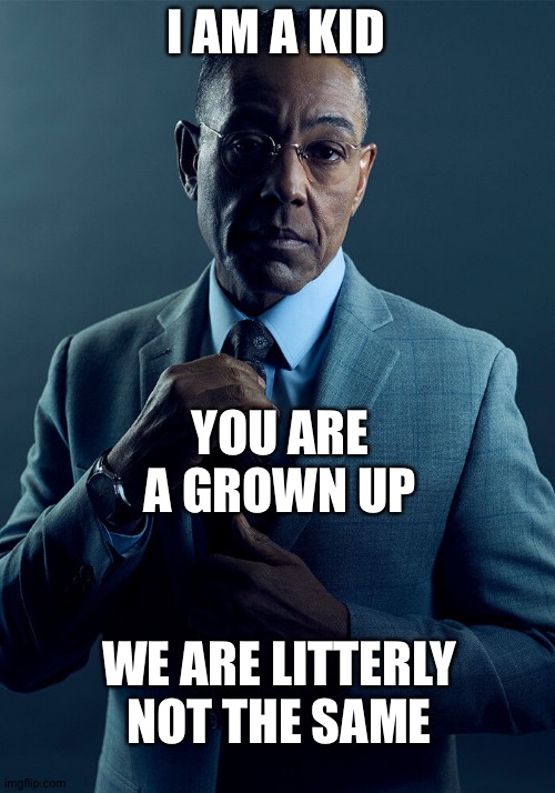 Gus Fring we are not the same | I AM A KID; YOU ARE A GROWN UP; WE ARE LITTERLY NOT THE SAME | image tagged in gus fring we are not the same | made w/ Imgflip meme maker