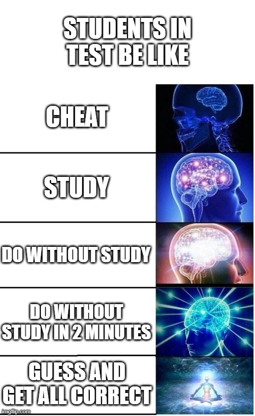 Students in test be like | STUDENTS IN TEST BE LIKE; CHEAT; STUDY; DO WITHOUT STUDY; DO WITHOUT STUDY IN 2 MINUTES; GUESS AND GET ALL CORRECT | image tagged in expanding brain 5 panel | made w/ Imgflip meme maker