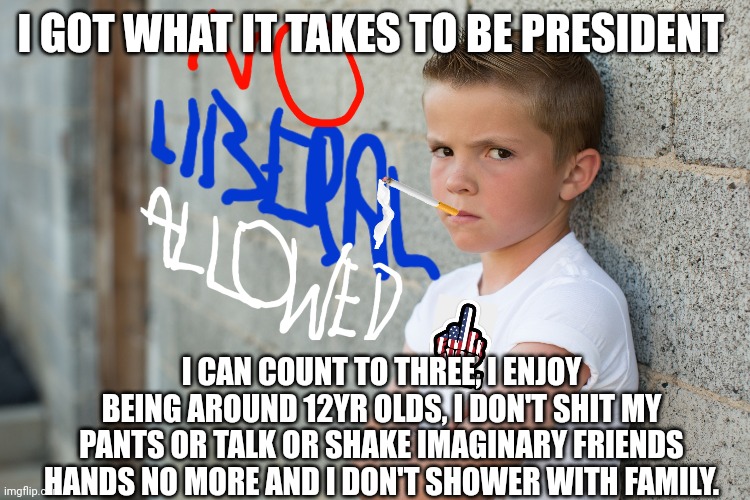 I GOT WHAT IT TAKES TO BE PRESIDENT I CAN COUNT TO THREE, I ENJOY BEING AROUND 12YR OLDS, I DON'T SHIT MY PANTS OR TALK OR SHAKE IMAGINARY F | made w/ Imgflip meme maker