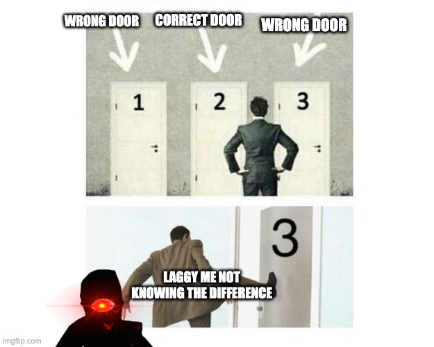 Based On A True Experience | WRONG DOOR; CORRECT DOOR; WRONG DOOR; LAGGY ME NOT KNOWING THE DIFFERENCE | image tagged in 3 doors,sad,doors | made w/ Imgflip meme maker