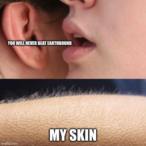 Whisper and Goosebumps | YOU WILL NEVER BEAT EARTHBOUND; MY SKIN | image tagged in whisper and goosebumps | made w/ Imgflip meme maker