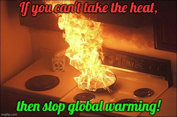Only you can prevent planet fires. | If you can't take the heat, then stop global warming! | image tagged in kitchen fire,climate change,end of the world | made w/ Imgflip meme maker