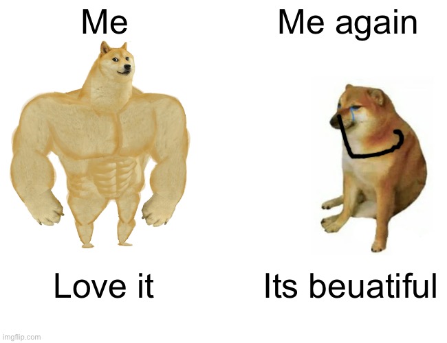 Buff Doge vs. Cheems | Me; Me again; Love it; Its beuatiful | image tagged in memes,buff doge vs cheems | made w/ Imgflip meme maker