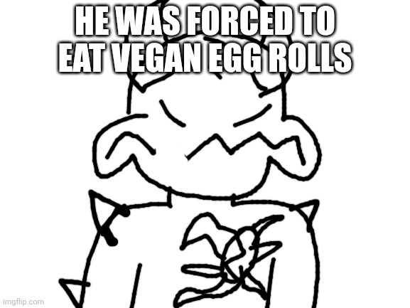 Blank White Template | HE WAS FORCED TO EAT VEGAN EGG ROLLS | image tagged in blank white template | made w/ Imgflip meme maker