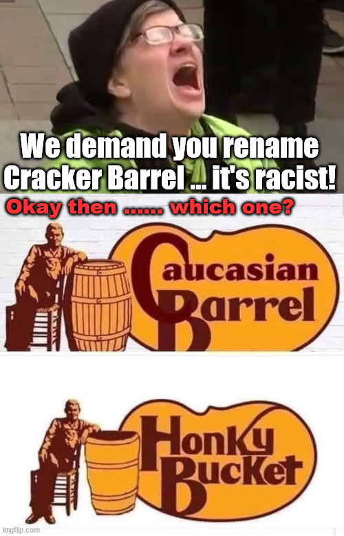 Rename everything you don't like | We demand you rename Cracker Barrel ... it's racist! Okay then ...... which one? | image tagged in screaming liberal,political meme | made w/ Imgflip meme maker