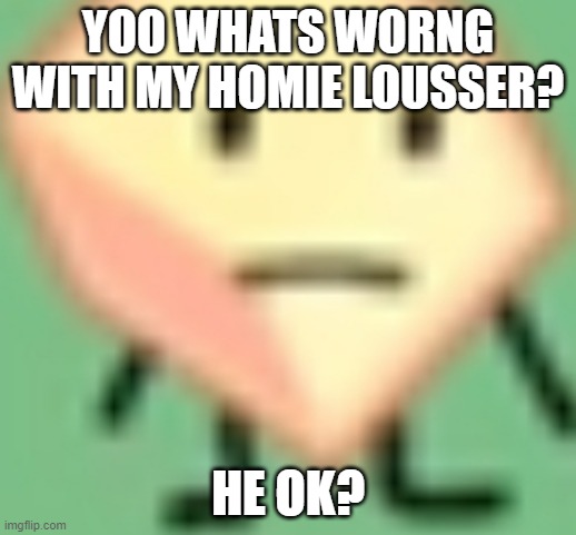 BFB x Spunch Bop meme #3 | YOO WHATS WORNG WITH MY HOMIE LOUSSER? HE OK? | image tagged in loser bfb,bfdi,bfb,spunch bop | made w/ Imgflip meme maker
