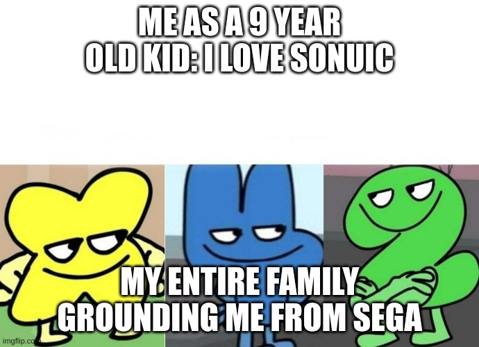 another meme another day | ME AS A 9 YEAR OLD KID: I LOVE SONUIC; MY ENTIRE FAMILY GROUNDING ME FROM SEGA | image tagged in bfb smug | made w/ Imgflip meme maker