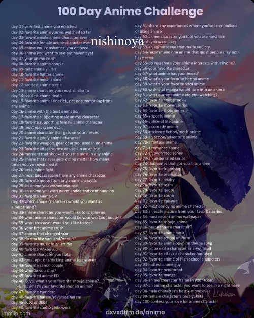 100 day anime challenge | nishinoya | image tagged in 100 day anime challenge | made w/ Imgflip meme maker