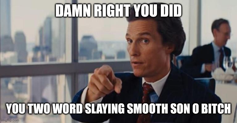 DAMN RIGHT YOU DID YOU TWO WORD SLAYING SMOOTH SON O BITCH | made w/ Imgflip meme maker