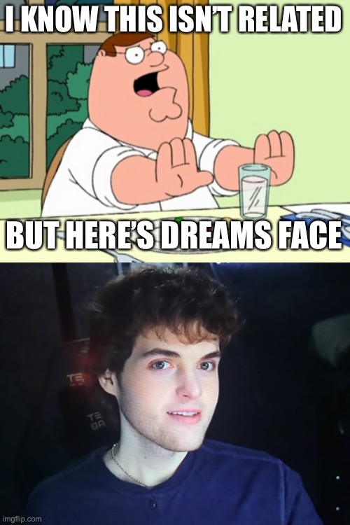 I KNOW THIS ISN’T RELATED BUT HERE’S DREAMS FACE | image tagged in peter griffin woah | made w/ Imgflip meme maker