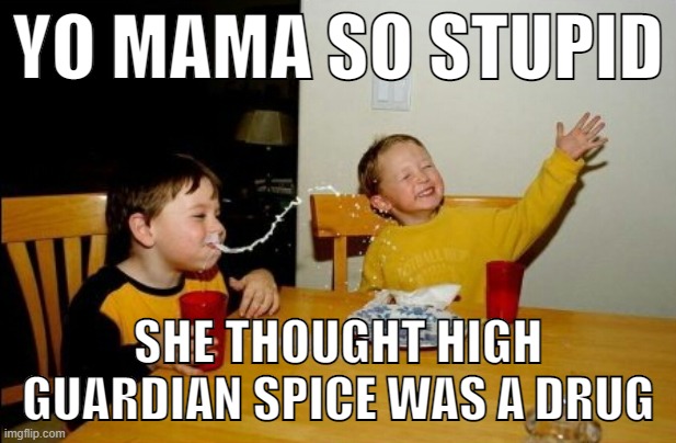 more like high on guardian spice | YO MAMA SO STUPID; SHE THOUGHT HIGH GUARDIAN SPICE WAS A DRUG | image tagged in memes,yo mamas so fat,yo mama,drugs | made w/ Imgflip meme maker