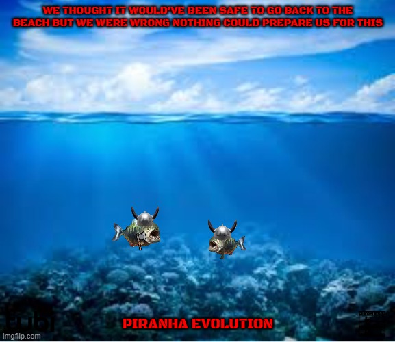 movies that might not see the light of day part 5 | WE THOUGHT IT WOULD'VE BEEN SAFE TO GO BACK TO THE BEACH BUT WE WERE WRONG NOTHING COULD PREPARE US FOR THIS; PIRANHA EVOLUTION | image tagged in ocean,fish,horror movie,sequel,reboot,edgy | made w/ Imgflip meme maker