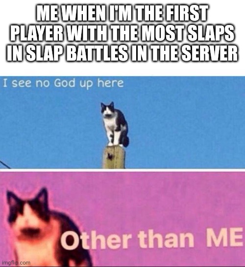 Only roblox players will understand | ME WHEN I'M THE FIRST PLAYER WITH THE MOST SLAPS IN SLAP BATTLES IN THE SERVER | image tagged in i see no god up here | made w/ Imgflip meme maker