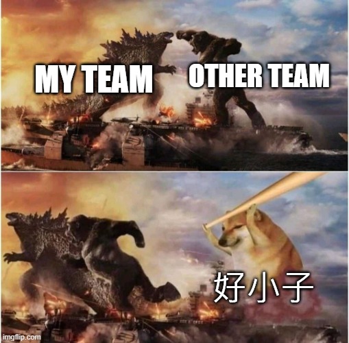 Kong Godzilla Doge | OTHER TEAM; MY TEAM; 好小子 | image tagged in kong godzilla doge | made w/ Imgflip meme maker