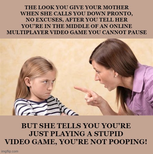 Will Parents Ever Understand?  Probably Not! | THE LOOK YOU GIVE YOUR MOTHER WHEN SHE CALLS YOU DOWN PRONTO, NO EXCUSES, AFTER YOU TELL HER YOU'RE IN THE MIDDLE OF AN ONLINE MULTIPLAYER VIDEO GAME YOU CANNOT PAUSE; BUT SHE TELLS YOU YOU'RE JUST PLAYING A STUPID VIDEO GAME, YOU'RE NOT POOPING! | image tagged in multiplayer,videogames,memes,cannot pause,parenting,computer games | made w/ Imgflip meme maker