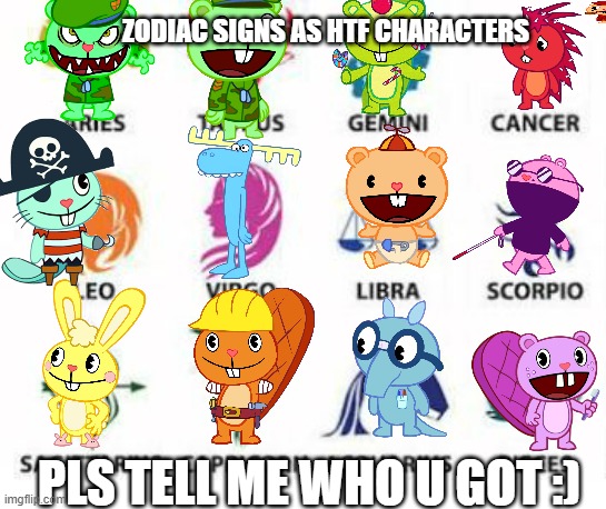 Zodiac Signs | ZODIAC SIGNS AS HTF CHARACTERS; PLS TELL ME WHO U GOT :) | image tagged in zodiac signs | made w/ Imgflip meme maker