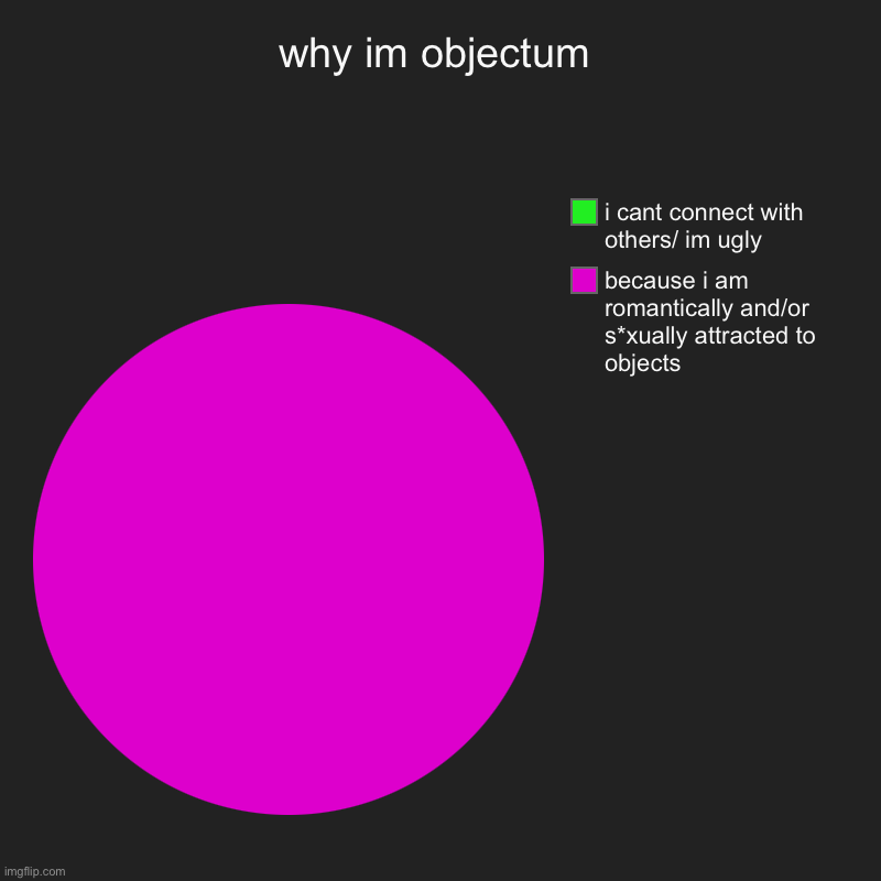 ? | why im objectum | because i am romantically and/or s*xually attracted to objects, i cant connect with others/ im ugly | image tagged in charts,pie charts | made w/ Imgflip chart maker
