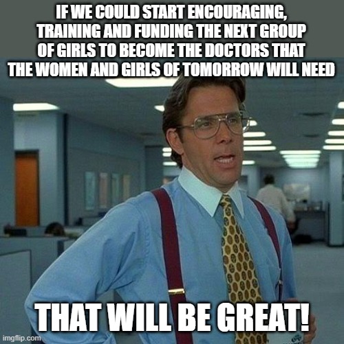 Wanted:  More Female Doctors! | IF WE COULD START ENCOURAGING, TRAINING AND FUNDING THE NEXT GROUP OF GIRLS TO BECOME THE DOCTORS THAT THE WOMEN AND GIRLS OF TOMORROW WILL NEED; THAT WILL BE GREAT! | image tagged in memes,that would be great,women's healthcare,female doctors,women in medicine,healthcare | made w/ Imgflip meme maker
