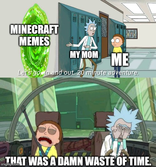 20 minute adventure rick morty |  MINECRAFT MEMES; MY MOM; ME; THAT WAS A DAMN WASTE OF TIME. | image tagged in 20 minute adventure rick morty | made w/ Imgflip meme maker