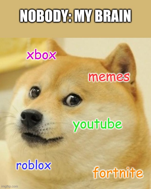 get this 100000 comments | NOBODY: MY BRAIN; xbox; memes; youtube; roblox; fortnite | image tagged in memes,doge | made w/ Imgflip meme maker