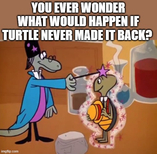 TRIZZEL TRAZZEL | YOU EVER WONDER WHAT WOULD HAPPEN IF TURTLE NEVER MADE IT BACK? | image tagged in turtle | made w/ Imgflip meme maker