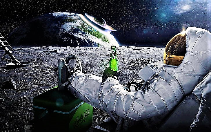 Astronaut drinking beer watching Earth 2 Blank Meme Template