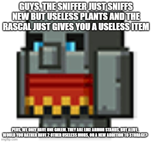 tuff golem |  GUYS, THE SNIFFER JUST SNIFFS NEW BUT USELESS PLANTS AND THE RASCAL JUST GIVES YOU A USELESS ITEM; PLUS, WE ONLY HAVE ONE GOLEM. THEY ARE LIKE ARMOR STANDS. BUT ALIVE. WOULD YOU RATHER HAVE 2 OTHER USELESS MOBS, OR A NEW ADDITION TO STORAGE? | image tagged in tuff golem,minecraft | made w/ Imgflip meme maker