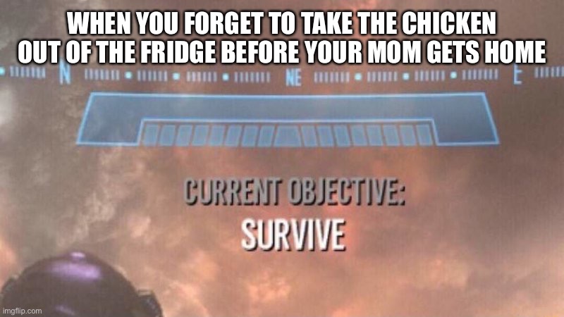 Oh shi- | WHEN YOU FORGET TO TAKE THE CHICKEN OUT OF THE FRIDGE BEFORE YOUR MOM GETS HOME | image tagged in current objective survive | made w/ Imgflip meme maker