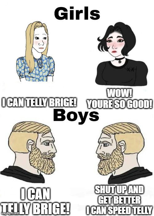 Girls vs Boys | I CAN TELLY BRIGE! WOW! YOURE SO GOOD! SHUT UP AND GET BETTER I CAN SPEED TELLY; I CAN TELLY BRIGE! | image tagged in girls vs boys | made w/ Imgflip meme maker