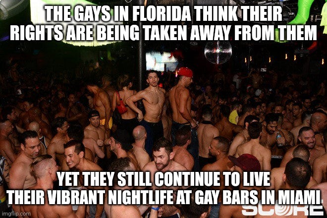 I don't see why banning sex ed in kid's public schools has anything to do with a gay adult's personal life | THE GAYS IN FLORIDA THINK THEIR RIGHTS ARE BEING TAKEN AWAY FROM THEM; YET THEY STILL CONTINUE TO LIVE THEIR VIBRANT NIGHTLIFE AT GAY BARS IN MIAMI | image tagged in lgbtq,florida,liberal logic,gay,miami | made w/ Imgflip meme maker