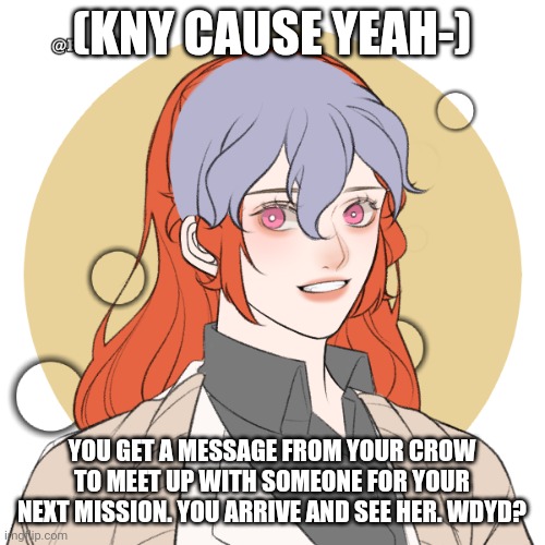 IM BACK IN MY KNY PHASE BC OF TWO PPL FKVJEJF- Anyways, any rp except joke, and no Bambi ocs- | (KNY CAUSE YEAH-); YOU GET A MESSAGE FROM YOUR CROW TO MEET UP WITH SOMEONE FOR YOUR NEXT MISSION. YOU ARRIVE AND SEE HER. WDYD? | made w/ Imgflip meme maker