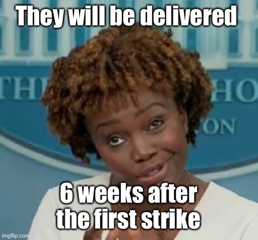 White House Press Secretary | They will be delivered 6 weeks after the first strike | image tagged in white house press secretary | made w/ Imgflip meme maker
