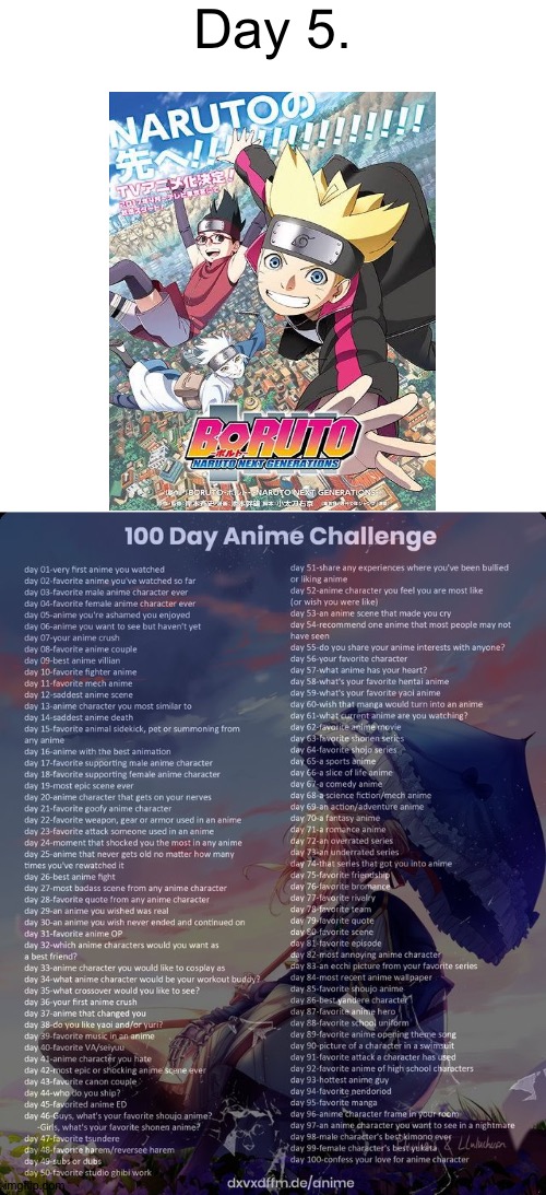 Day 5 | Day 5. | image tagged in blank white template,100 day anime challenge | made w/ Imgflip meme maker
